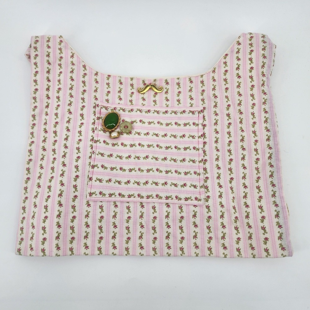 Handmade Pink Floral Stripe Canvas Crossbody Bag Mustache Charm‎ Brooch Detail